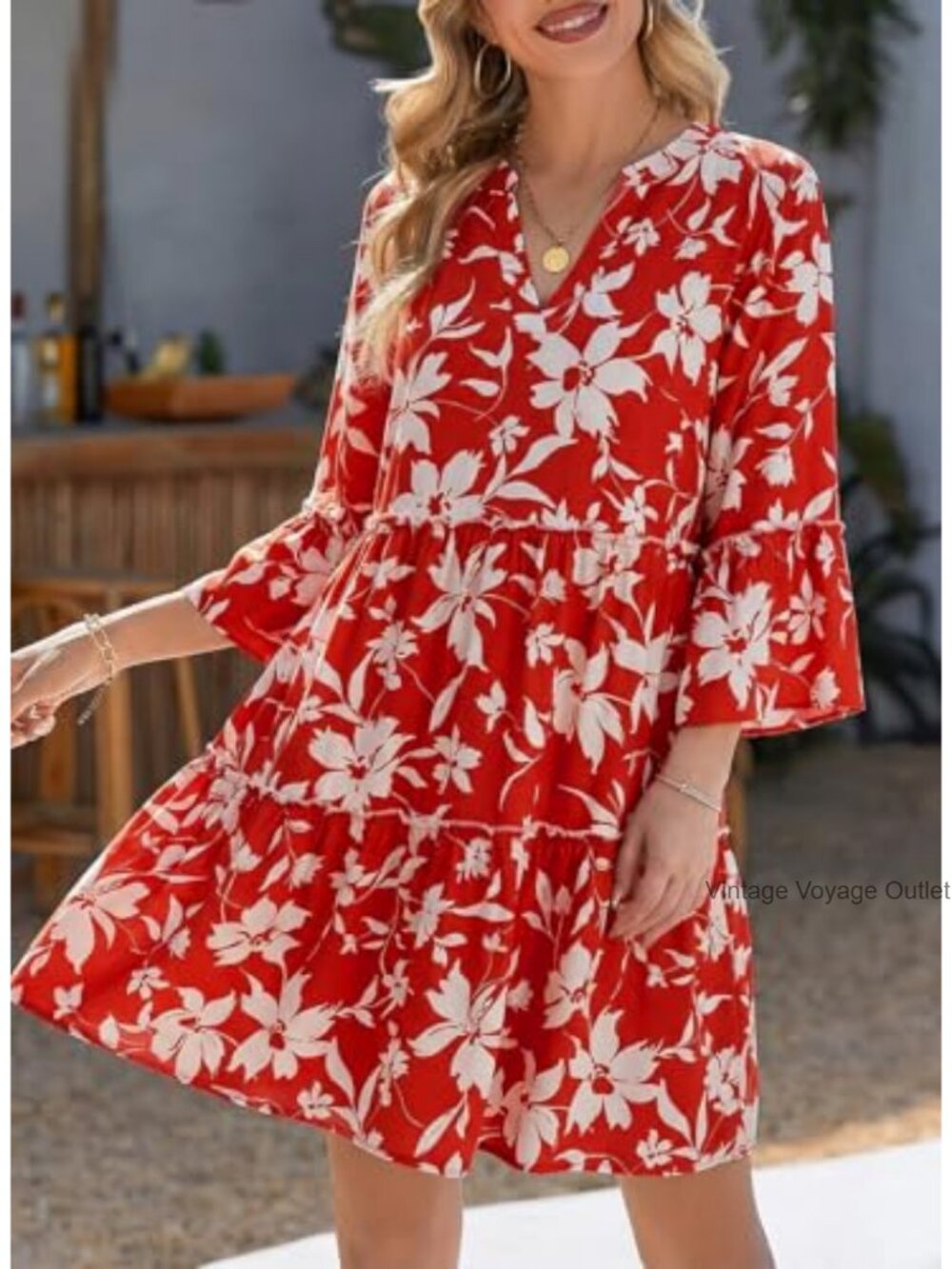 Women's Casual V-Neck Babydoll Dress 3/4 Bell Sleeve Beach Vacation Mini Dress - Picture 3 of 6